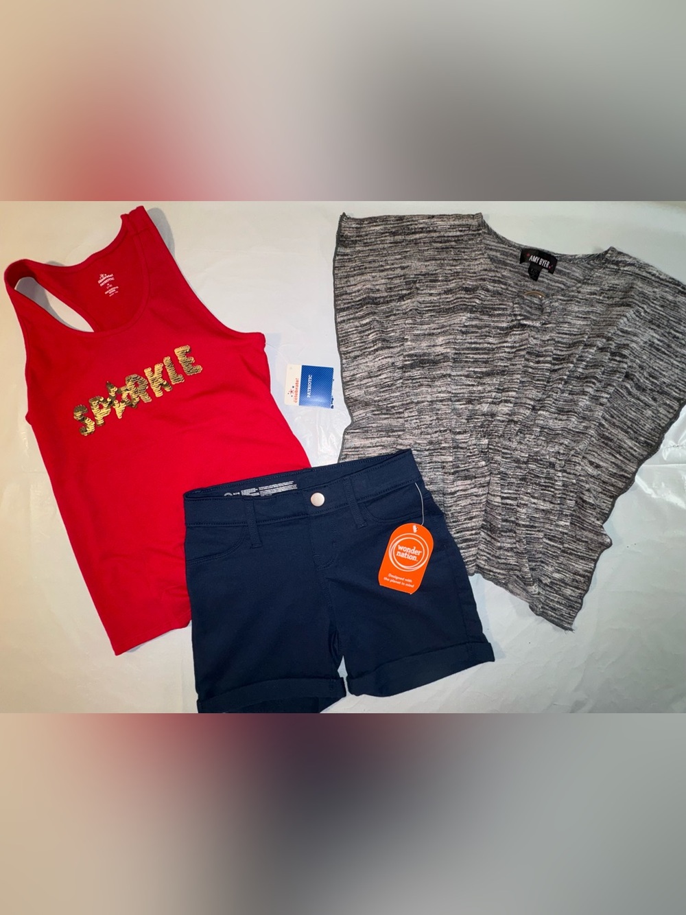 NWT/EUC Bundle Red Tank Flip Up Sequins, Blue Shorts, Gray Bat-Wing Top